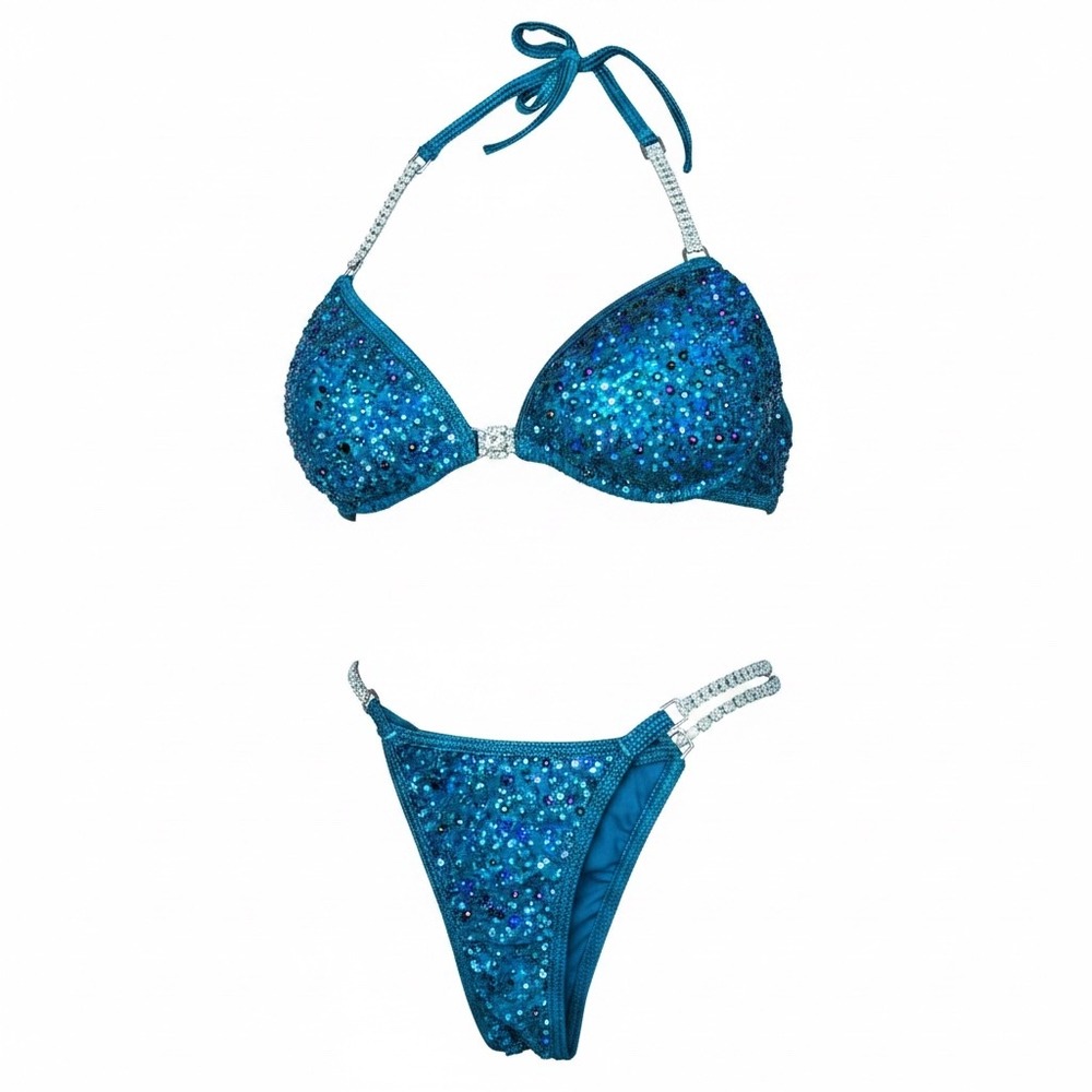 Custom Teal Blue Crystal Sequin Fitness Competition Bikini Set NPC IFBB Posing